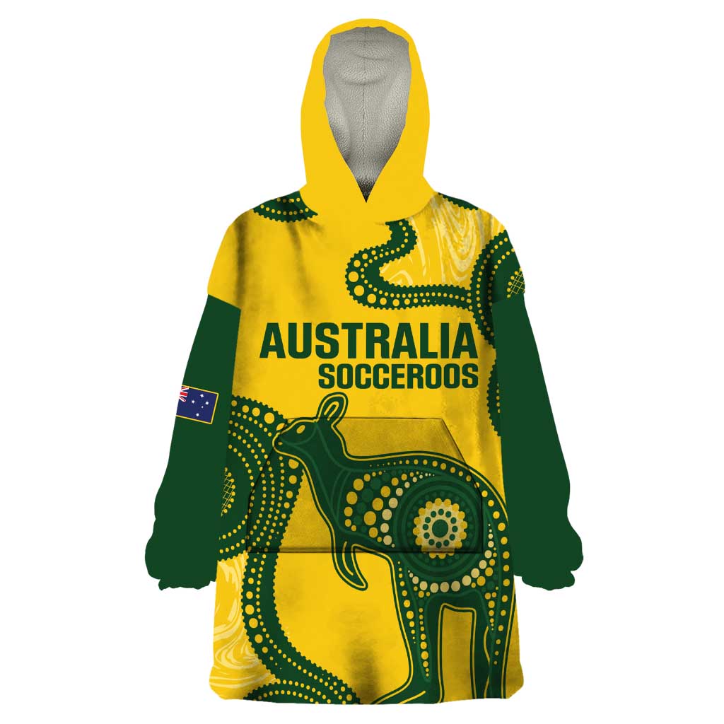 Custom Australia Soccer Wearable Blanket Hoodie Go Socceroos Kangaroo With Indigenous Art - Vibe Hoodie Shop