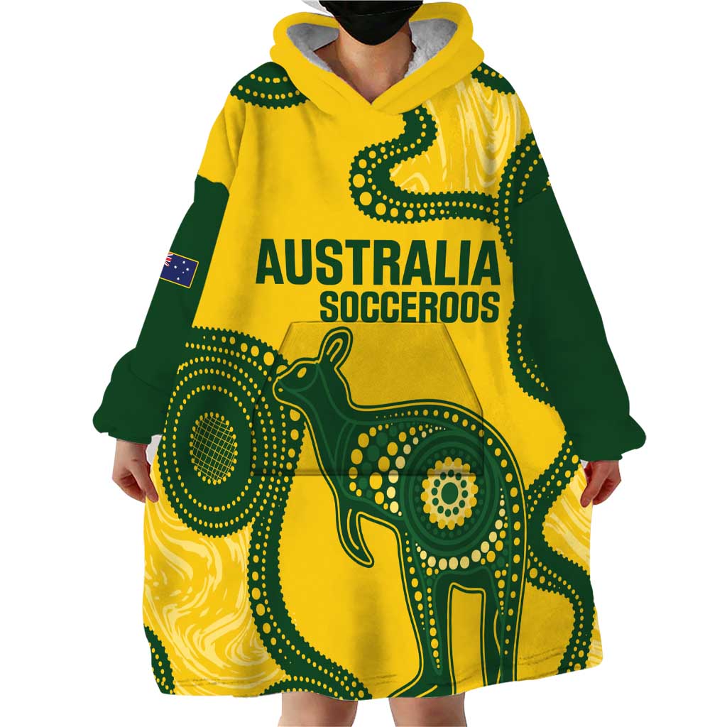 Custom Australia Soccer Wearable Blanket Hoodie Go Socceroos Kangaroo With Indigenous Art - Vibe Hoodie Shop