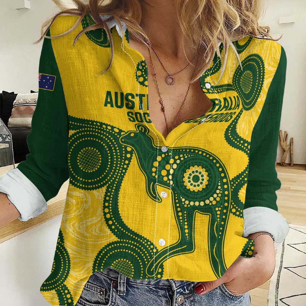 Custom Australia Soccer Women Casual Shirt Go Socceroos Kangaroo With Indigenous Art - Vibe Hoodie Shop