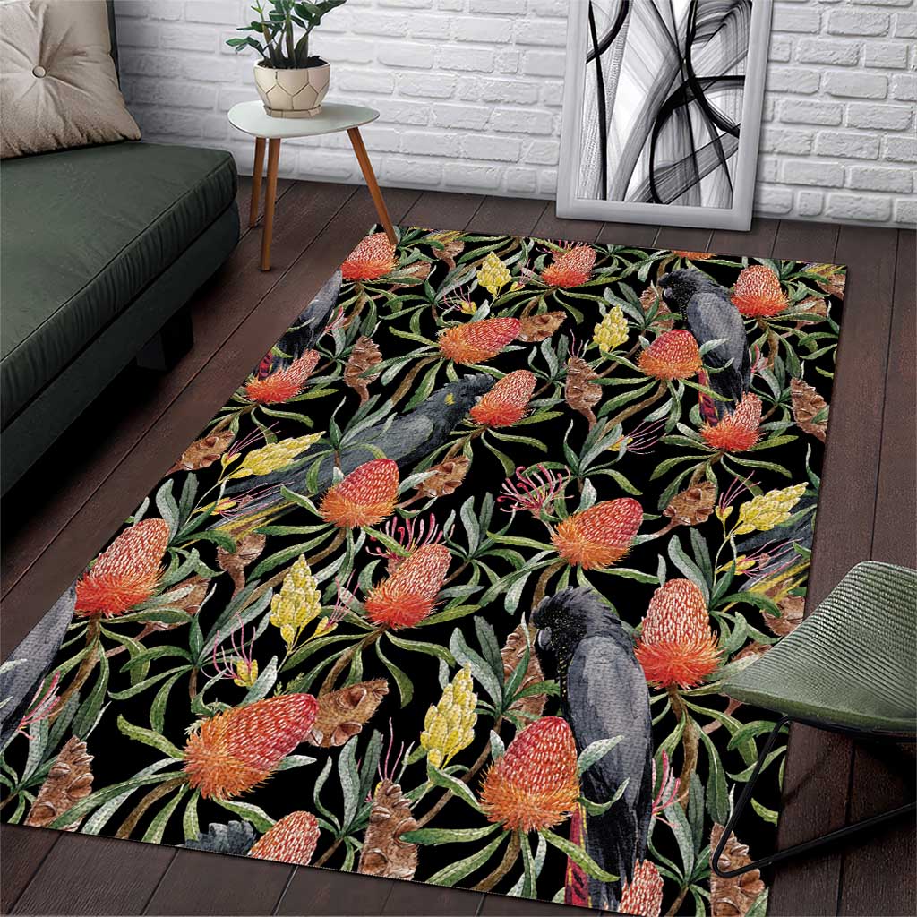 Australia Black Cockatoo And Banksia Flowers Area Rug - Vibe Hoodie Shop