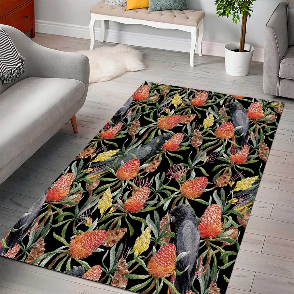 Australia Black Cockatoo And Banksia Flowers Area Rug - Vibe Hoodie Shop