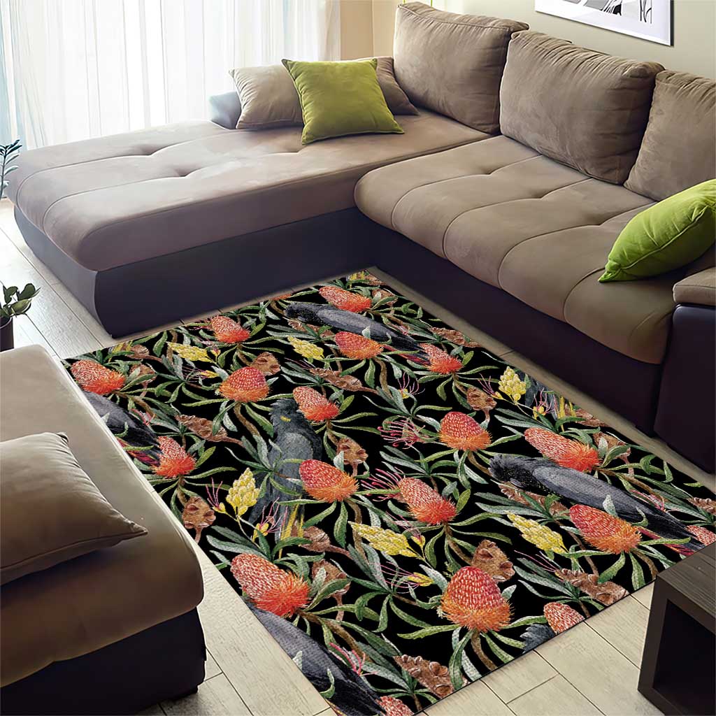 Australia Black Cockatoo And Banksia Flowers Area Rug - Vibe Hoodie Shop