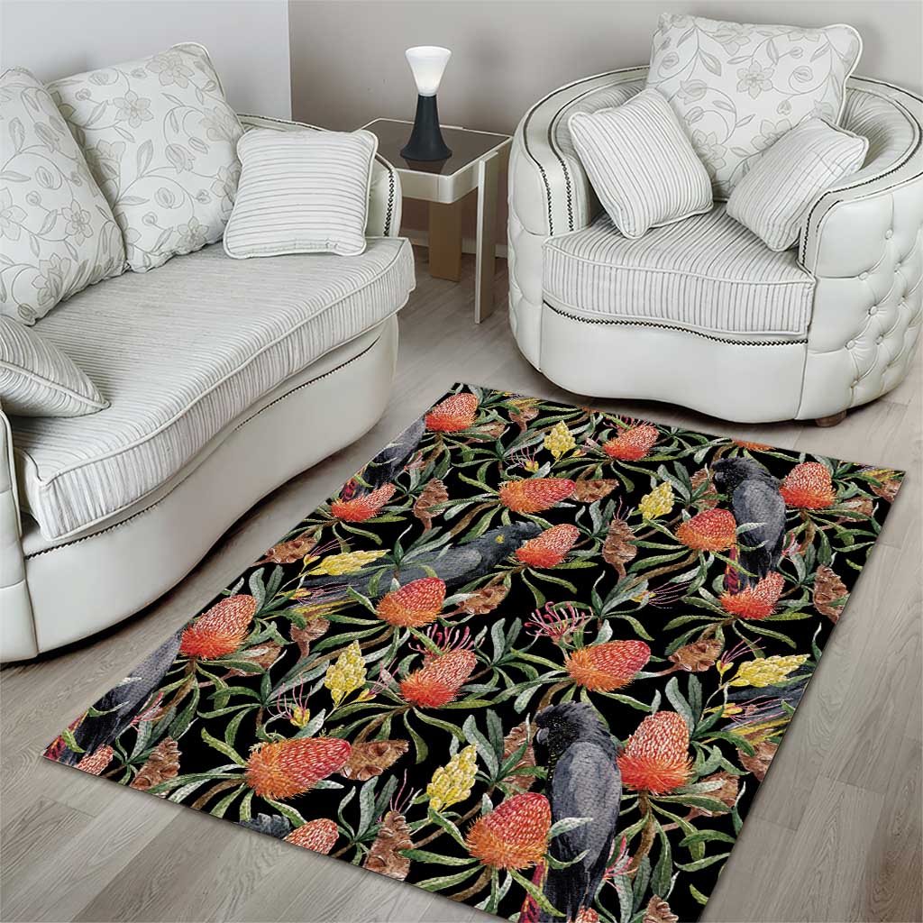 Australia Black Cockatoo And Banksia Flowers Area Rug - Vibe Hoodie Shop