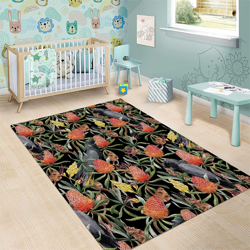 Australia Black Cockatoo And Banksia Flowers Area Rug - Vibe Hoodie Shop