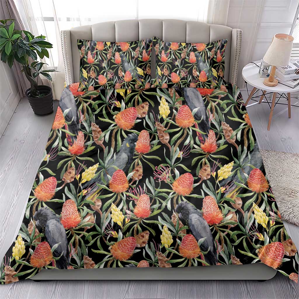 Australia Black Cockatoo And Banksia Flowers Bedding Set - Vibe Hoodie Shop