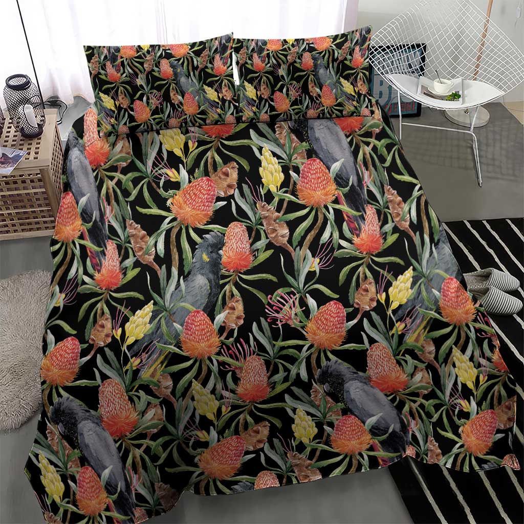 Australia Black Cockatoo And Banksia Flowers Bedding Set - Vibe Hoodie Shop