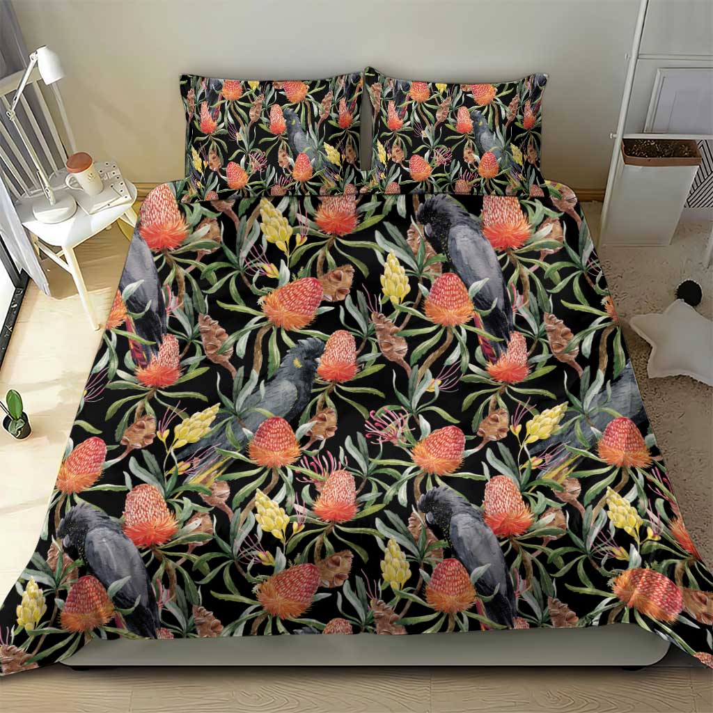 Australia Black Cockatoo And Banksia Flowers Bedding Set - Vibe Hoodie Shop