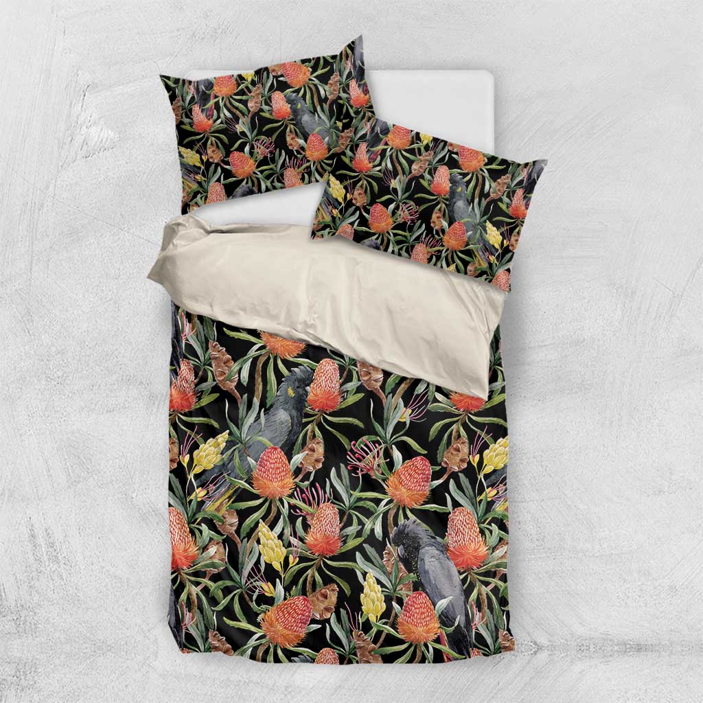 Australia Black Cockatoo And Banksia Flowers Bedding Set - Vibe Hoodie Shop