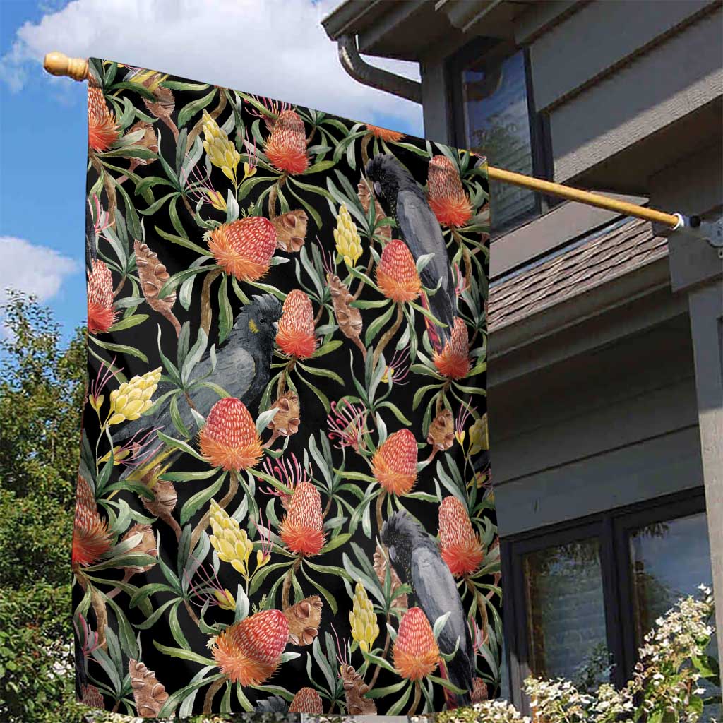 Australia Black Cockatoo And Banksia Flowers Garden Flag - Vibe Hoodie Shop