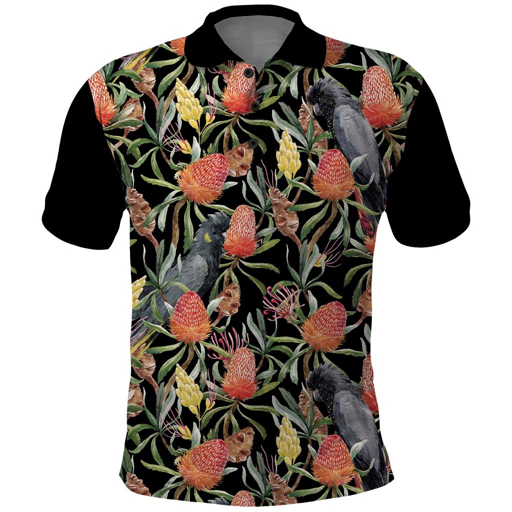 Australia Black Cockatoo And Banksia Flowers Polo Shirt - Vibe Hoodie Shop
