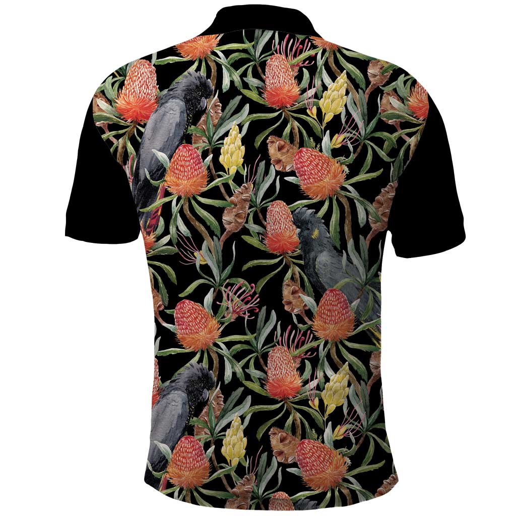 Australia Black Cockatoo And Banksia Flowers Polo Shirt - Vibe Hoodie Shop