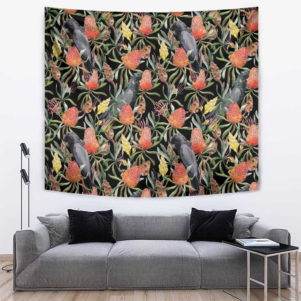 Australia Black Cockatoo And Banksia Flowers Tapestry - Vibe Hoodie Shop