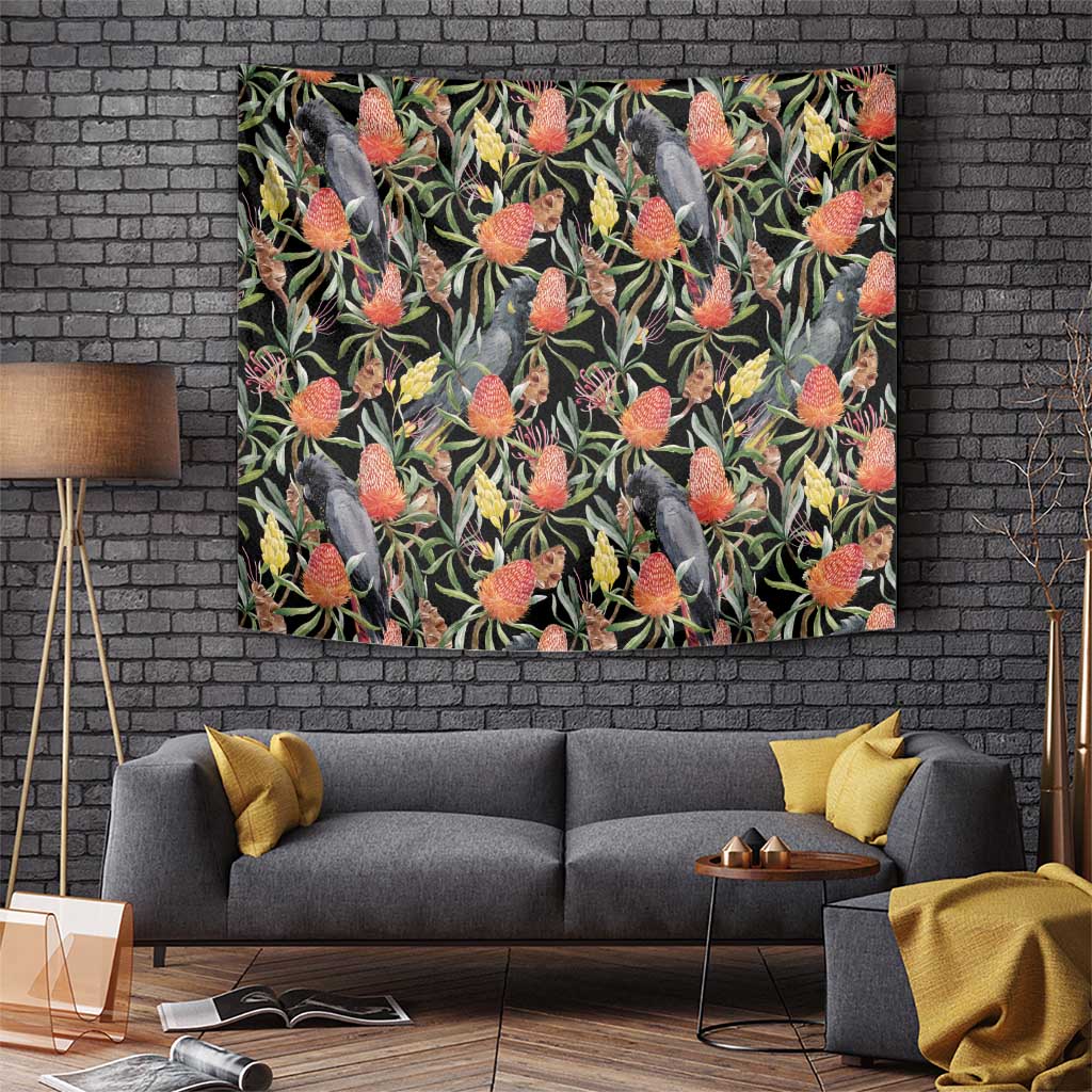 Australia Black Cockatoo And Banksia Flowers Tapestry - Vibe Hoodie Shop