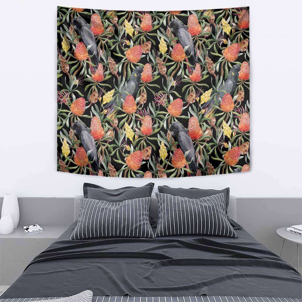 Australia Black Cockatoo And Banksia Flowers Tapestry - Vibe Hoodie Shop