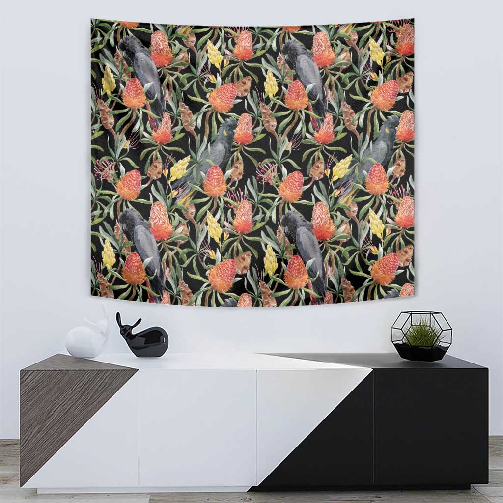 Australia Black Cockatoo And Banksia Flowers Tapestry - Vibe Hoodie Shop