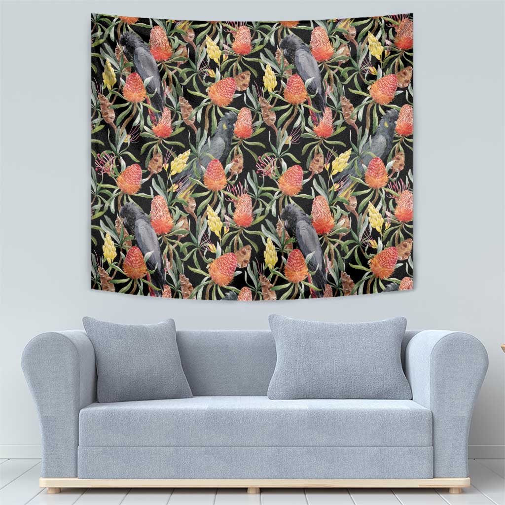 Australia Black Cockatoo And Banksia Flowers Tapestry - Vibe Hoodie Shop