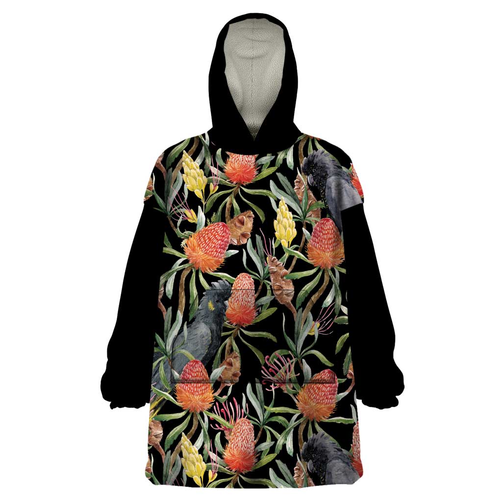 Australia Black Cockatoo And Banksia Flowers Wearable Blanket Hoodie - Vibe Hoodie Shop