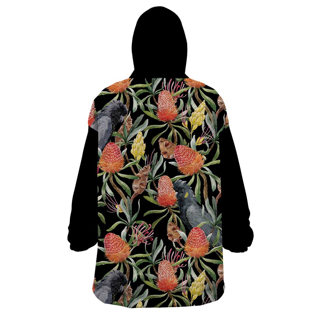 Australia Black Cockatoo And Banksia Flowers Wearable Blanket Hoodie - Vibe Hoodie Shop