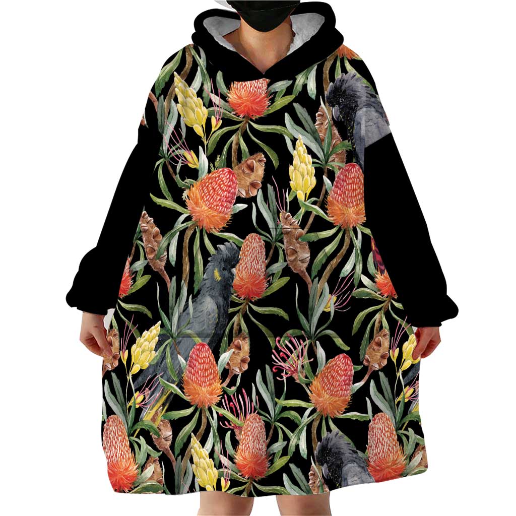 Australia Black Cockatoo And Banksia Flowers Wearable Blanket Hoodie - Vibe Hoodie Shop