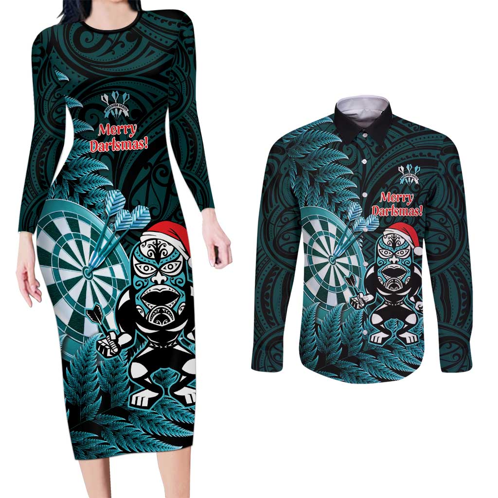 Personalised New Zealand Darts Christmas Couples Matching Long Sleeve Bodycon Dress and Long Sleeve Button Shirt Maori Fern Merry Dartsmas - Vibe Hoodie