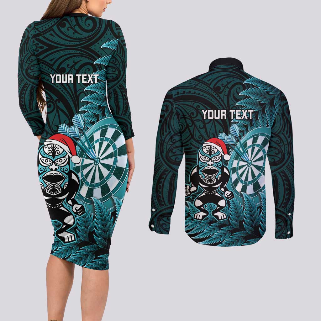 Personalised New Zealand Darts Christmas Couples Matching Long Sleeve Bodycon Dress and Long Sleeve Button Shirt Maori Fern Merry Dartsmas - Vibe Hoodie