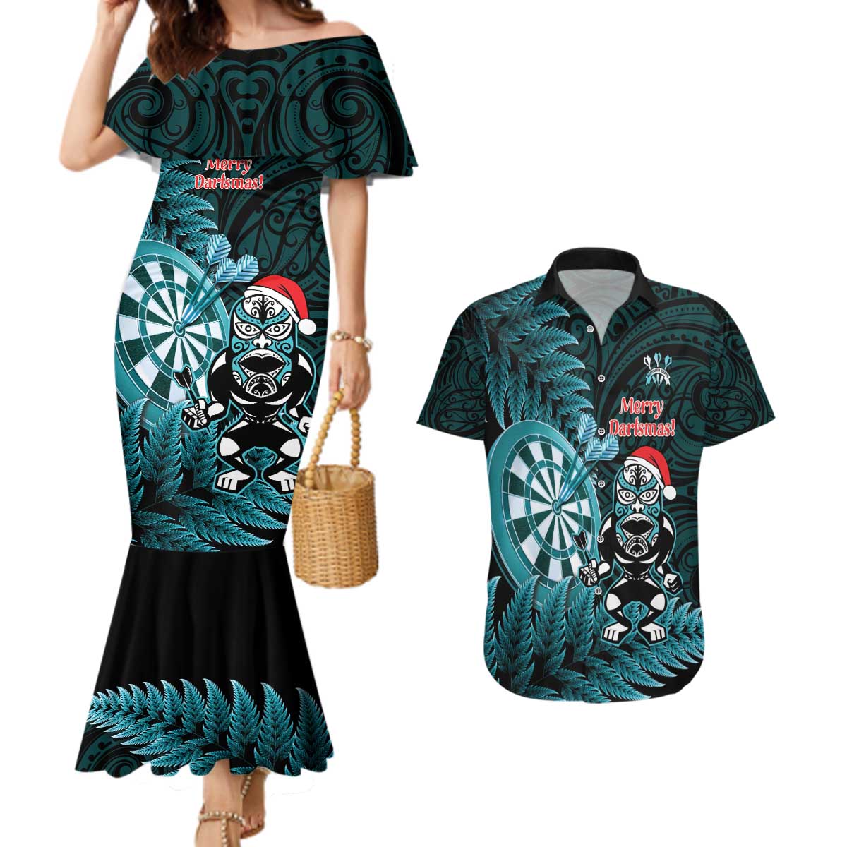 Personalised New Zealand Darts Christmas Couples Matching Mermaid Dress and Hawaiian Shirt Maori Fern Merry Dartsmas - Vibe Hoodie