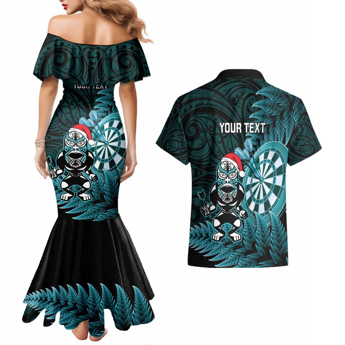 Personalised New Zealand Darts Christmas Couples Matching Mermaid Dress and Hawaiian Shirt Maori Fern Merry Dartsmas - Vibe Hoodie