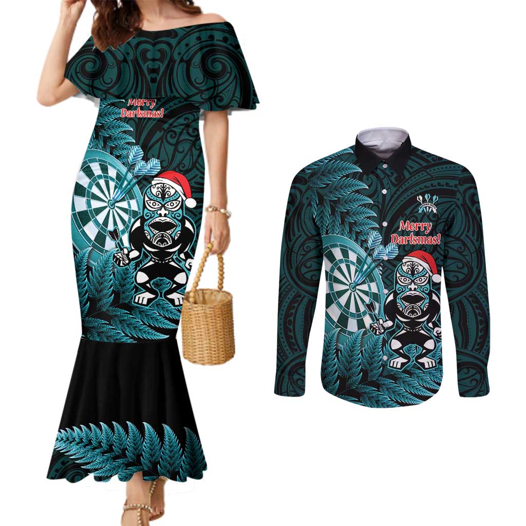 Personalised New Zealand Darts Christmas Couples Matching Mermaid Dress and Long Sleeve Button Shirt Maori Fern Merry Dartsmas - Vibe Hoodie