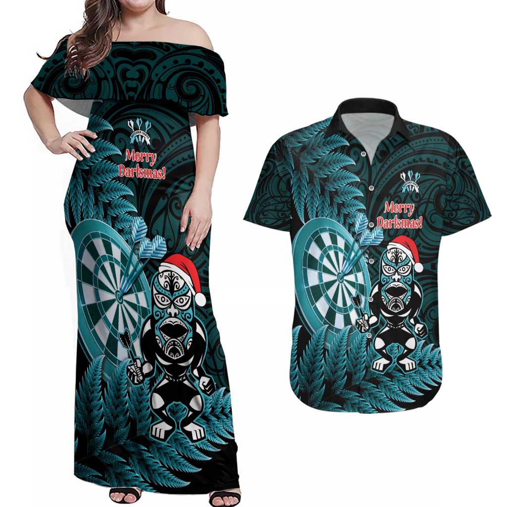 Personalised New Zealand Darts Christmas Couples Matching Off Shoulder Maxi Dress and Hawaiian Shirt Maori Fern Merry Dartsmas - Vibe Hoodie