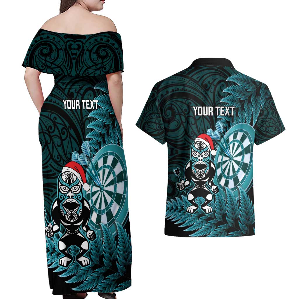 Personalised New Zealand Darts Christmas Couples Matching Off Shoulder Maxi Dress and Hawaiian Shirt Maori Fern Merry Dartsmas - Vibe Hoodie