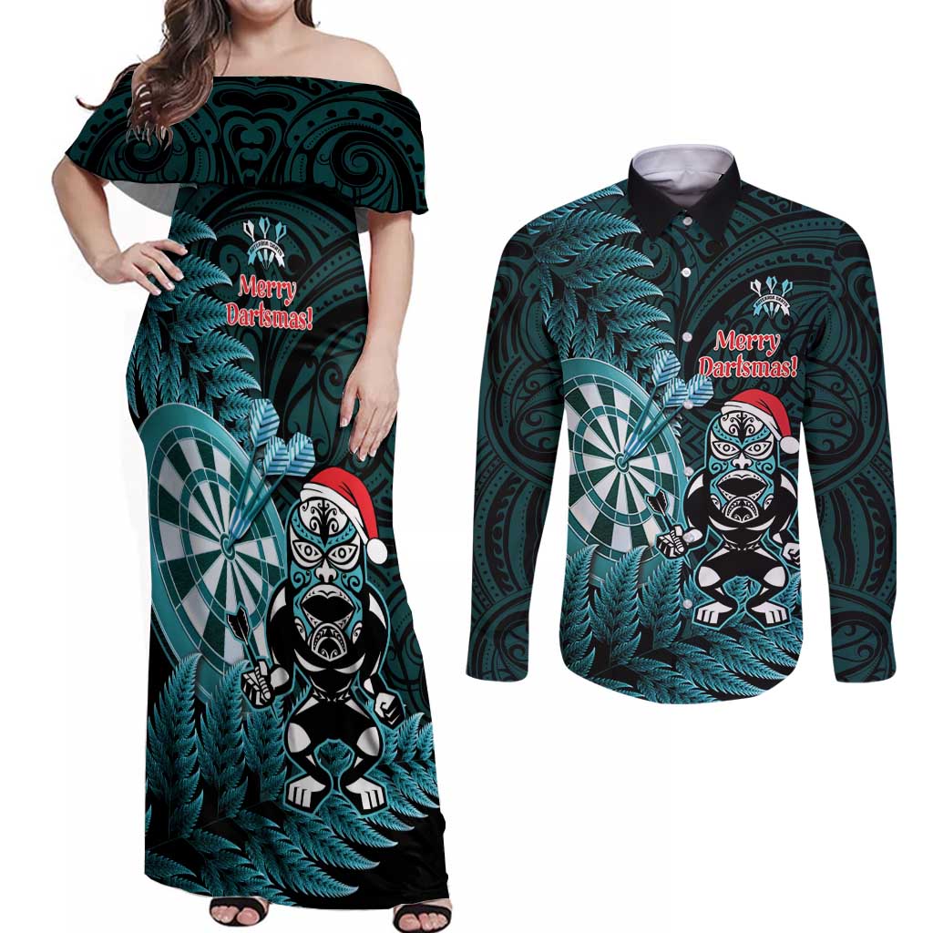 Personalised New Zealand Darts Christmas Couples Matching Off Shoulder Maxi Dress and Long Sleeve Button Shirt Maori Fern Merry Dartsmas - Vibe Hoodie