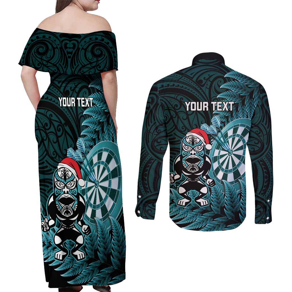 Personalised New Zealand Darts Christmas Couples Matching Off Shoulder Maxi Dress and Long Sleeve Button Shirt Maori Fern Merry Dartsmas - Vibe Hoodie