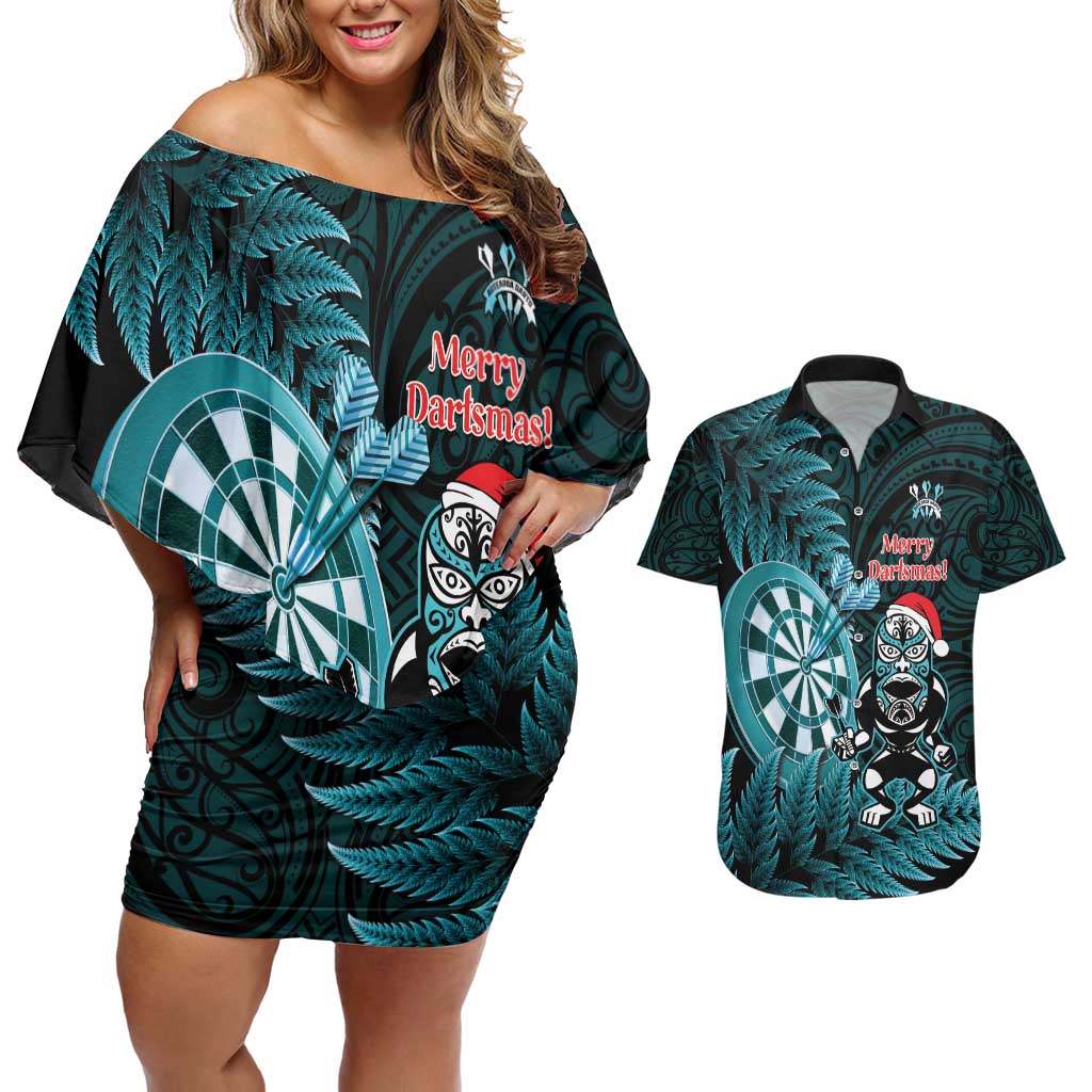 Personalised New Zealand Darts Christmas Couples Matching Off Shoulder Short Dress and Hawaiian Shirt Maori Fern Merry Dartsmas - Vibe Hoodie