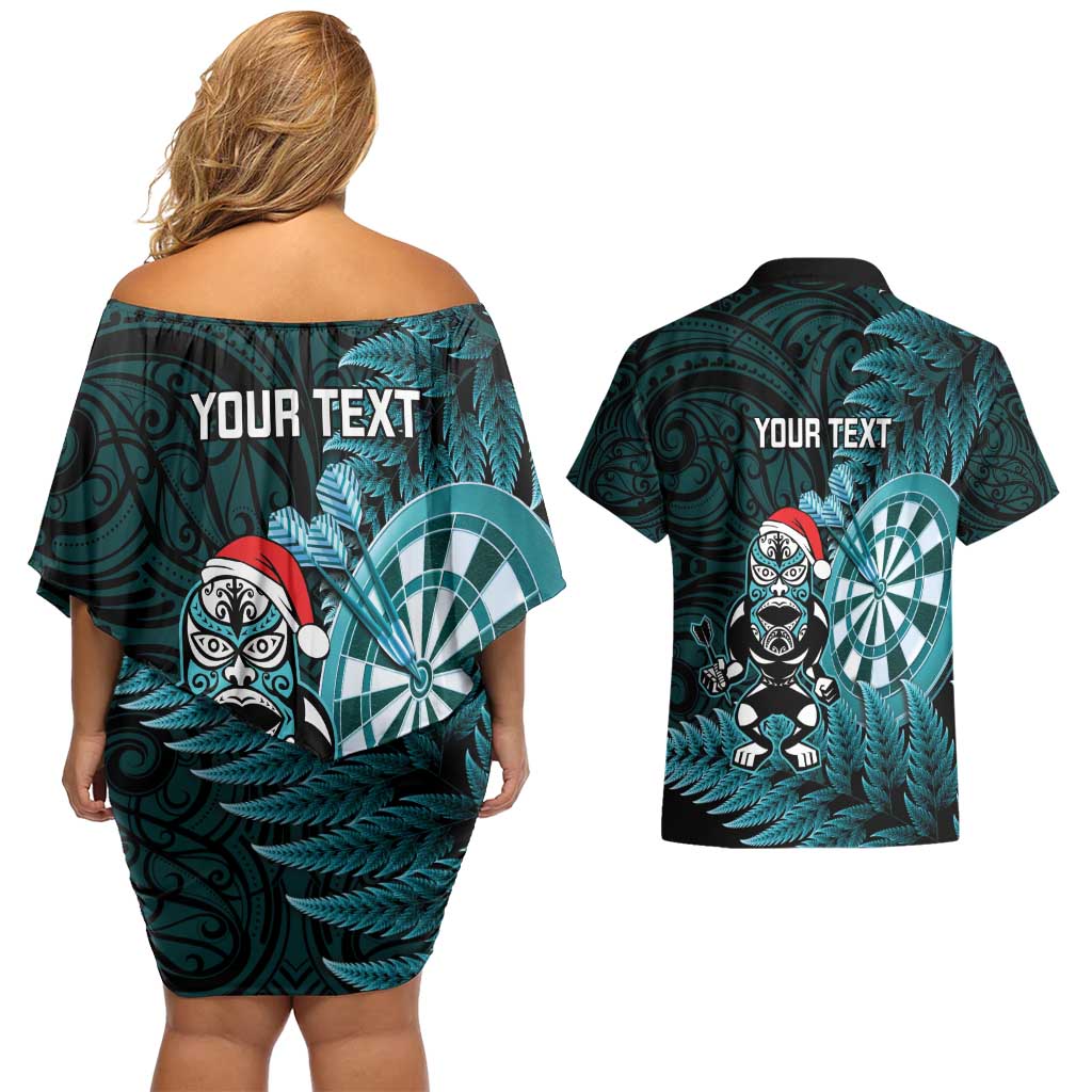 Personalised New Zealand Darts Christmas Couples Matching Off Shoulder Short Dress and Hawaiian Shirt Maori Fern Merry Dartsmas - Vibe Hoodie