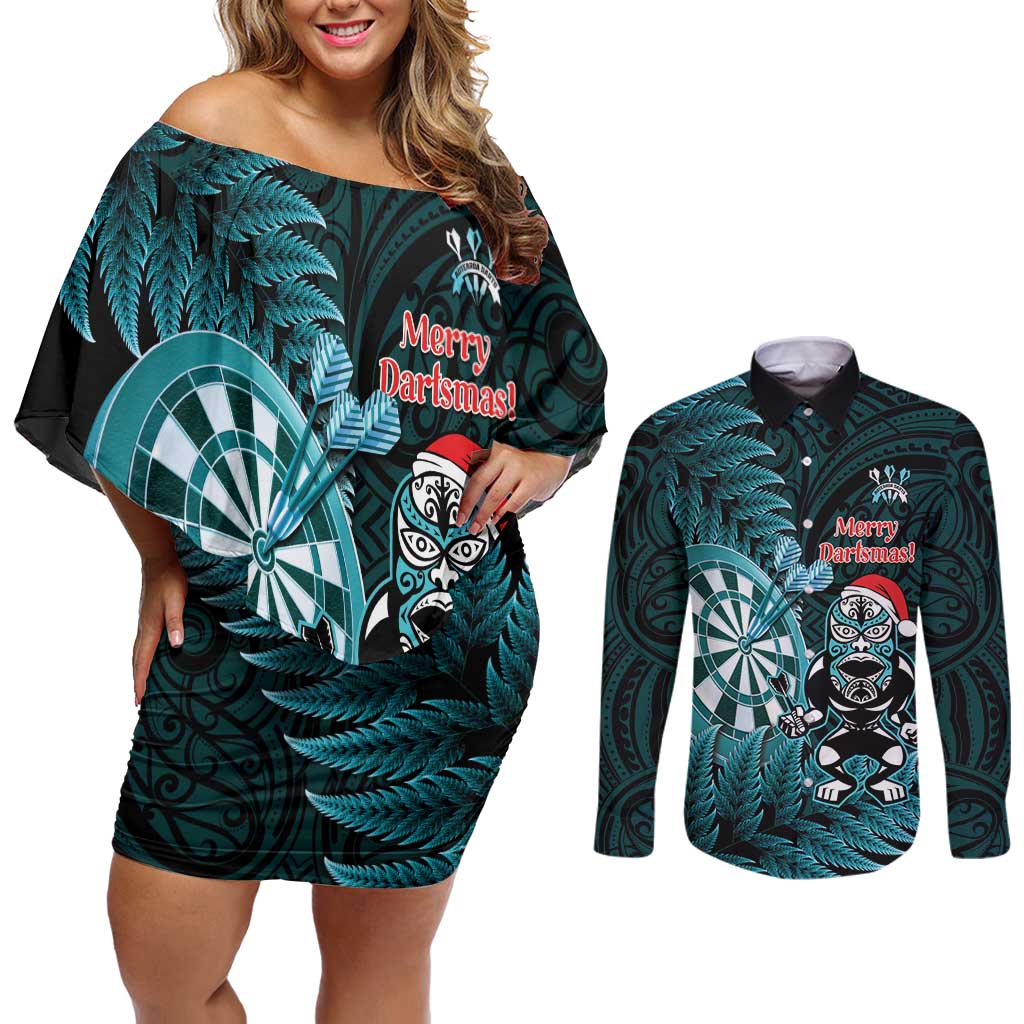 Personalised New Zealand Darts Christmas Couples Matching Off Shoulder Short Dress and Long Sleeve Button Shirt Maori Fern Merry Dartsmas - Vibe Hoodie
