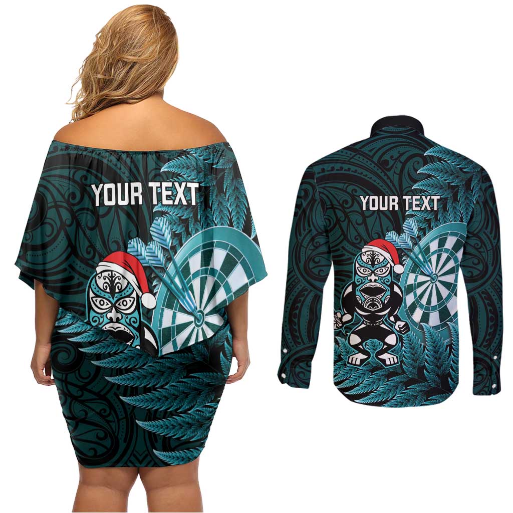 Personalised New Zealand Darts Christmas Couples Matching Off Shoulder Short Dress and Long Sleeve Button Shirt Maori Fern Merry Dartsmas - Vibe Hoodie
