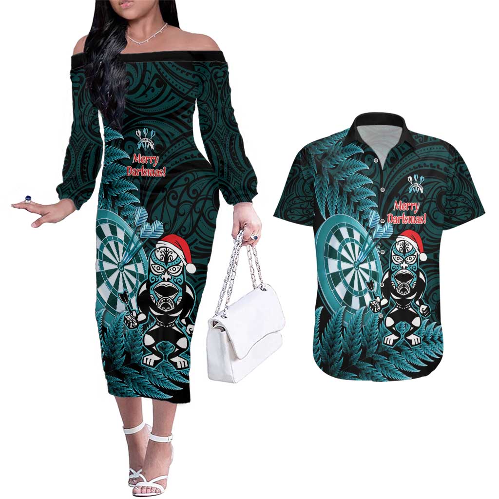 Personalised New Zealand Darts Christmas Couples Matching Off The Shoulder Long Sleeve Dress and Hawaiian Shirt Maori Fern Merry Dartsmas - Vibe Hoodie