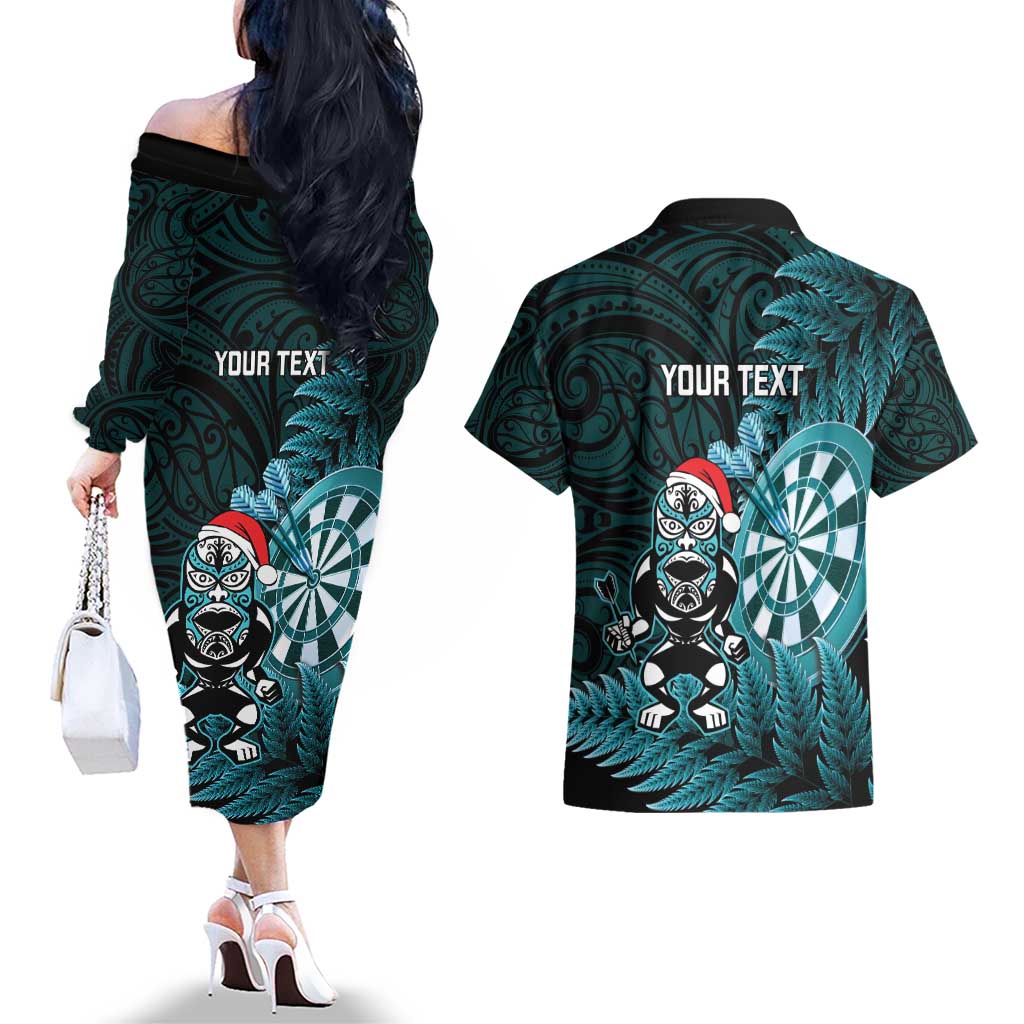 Personalised New Zealand Darts Christmas Couples Matching Off The Shoulder Long Sleeve Dress and Hawaiian Shirt Maori Fern Merry Dartsmas - Vibe Hoodie