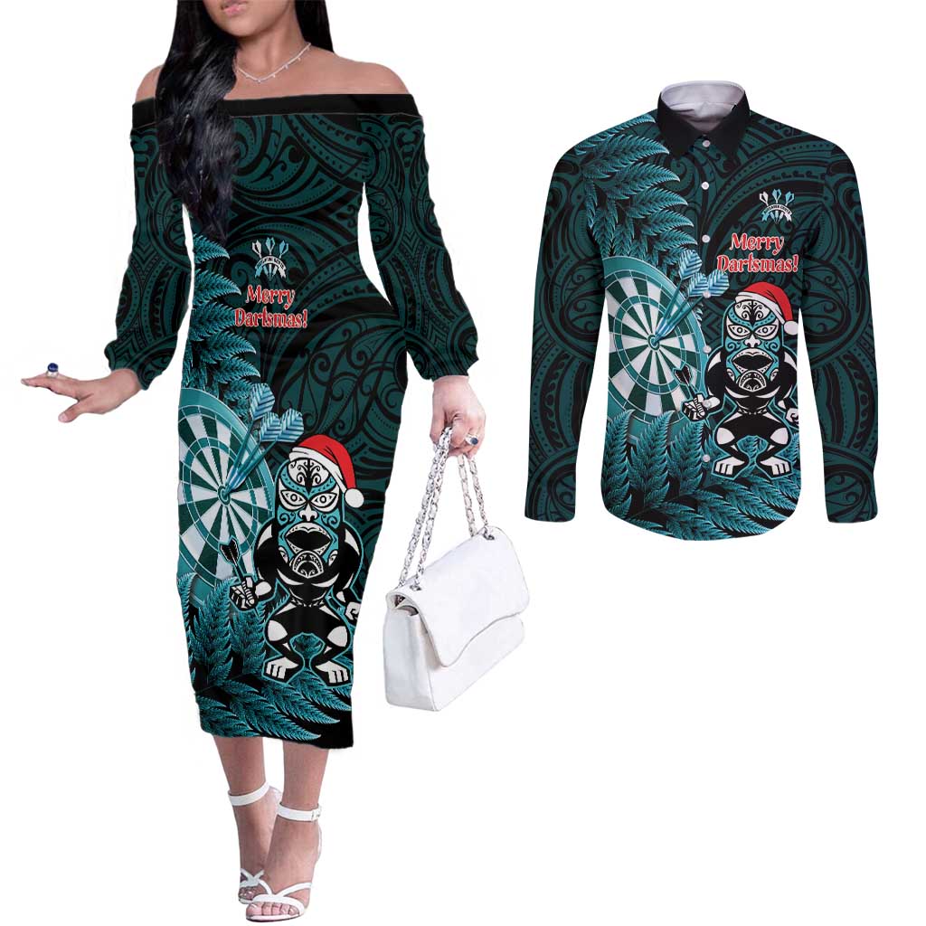 Personalised New Zealand Darts Christmas Couples Matching Off The Shoulder Long Sleeve Dress and Long Sleeve Button Shirt Maori Fern Merry Dartsmas - Vibe Hoodie