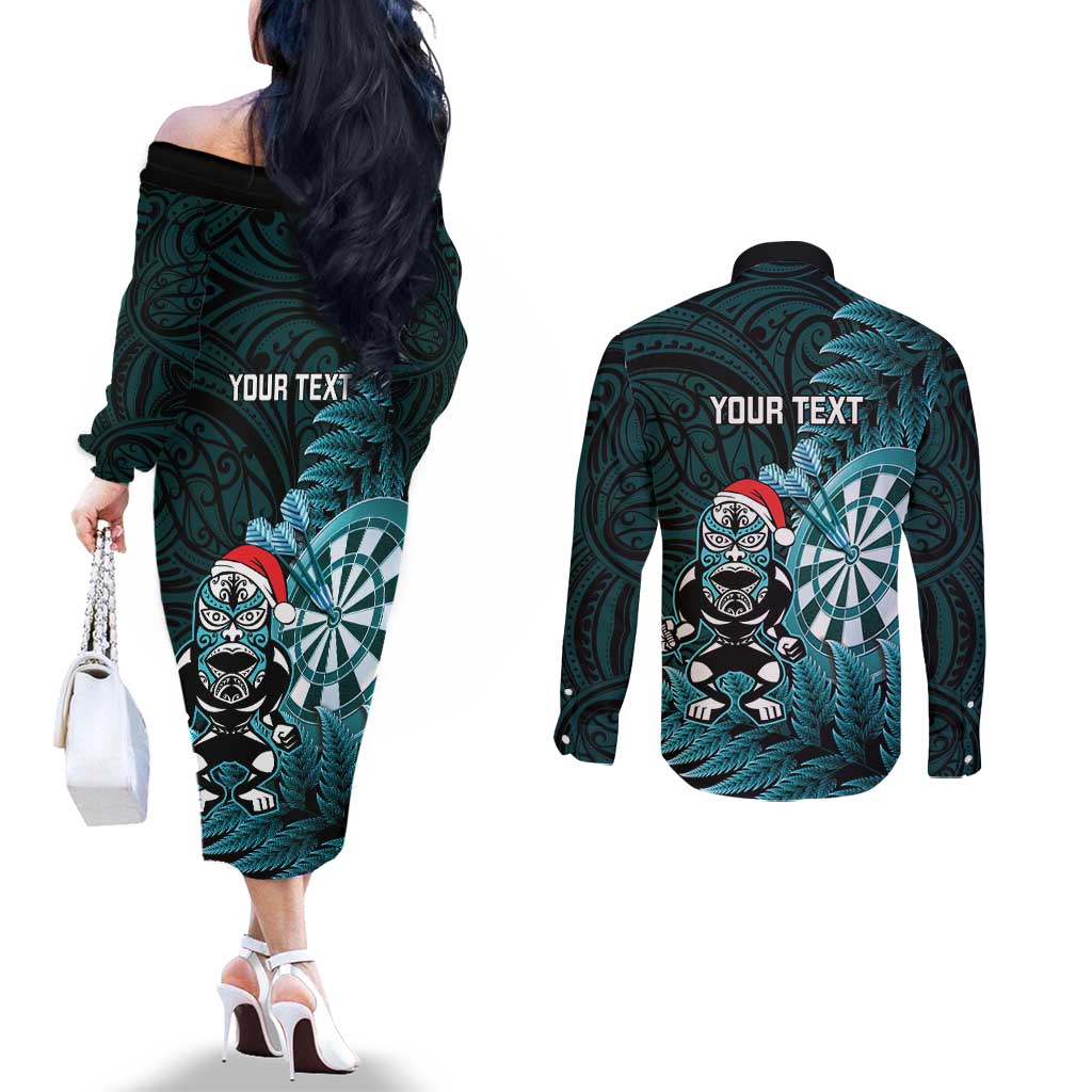 Personalised New Zealand Darts Christmas Couples Matching Off The Shoulder Long Sleeve Dress and Long Sleeve Button Shirt Maori Fern Merry Dartsmas - Vibe Hoodie