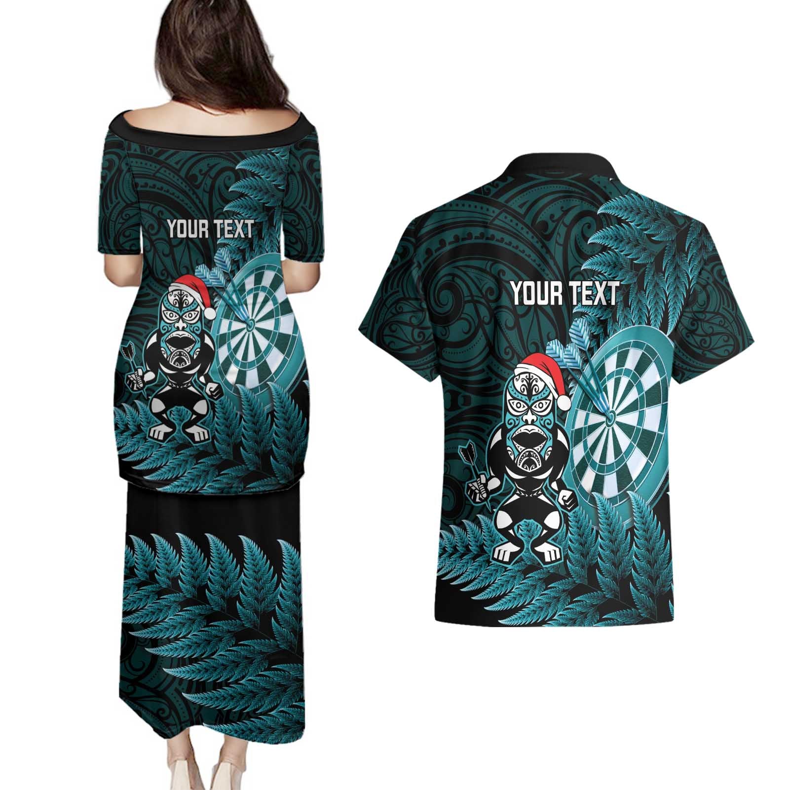 Personalised New Zealand Darts Christmas Couples Matching Puletasi and Hawaiian Shirt Maori Fern Merry Dartsmas - Vibe Hoodie