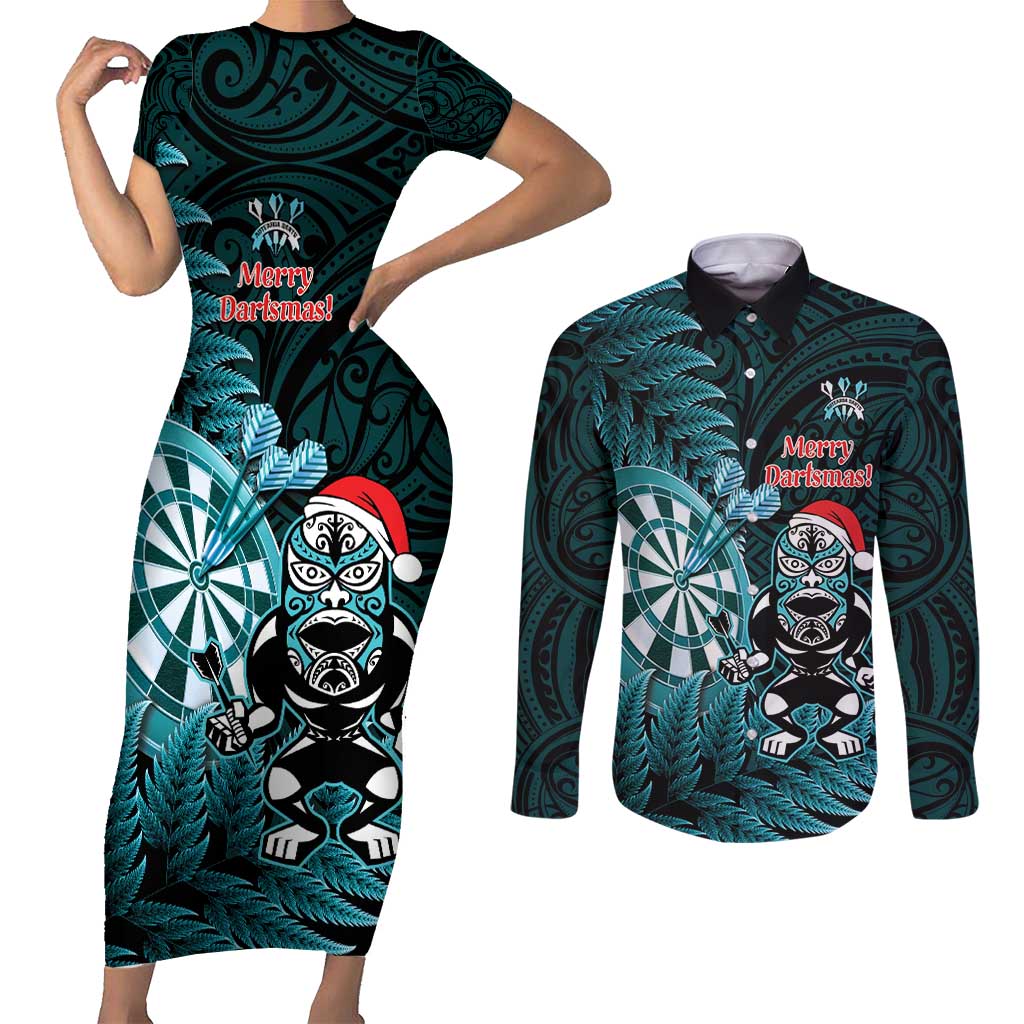 Personalised New Zealand Darts Christmas Couples Matching Short Sleeve Bodycon Dress and Long Sleeve Button Shirt Maori Fern Merry Dartsmas - Vibe Hoodie