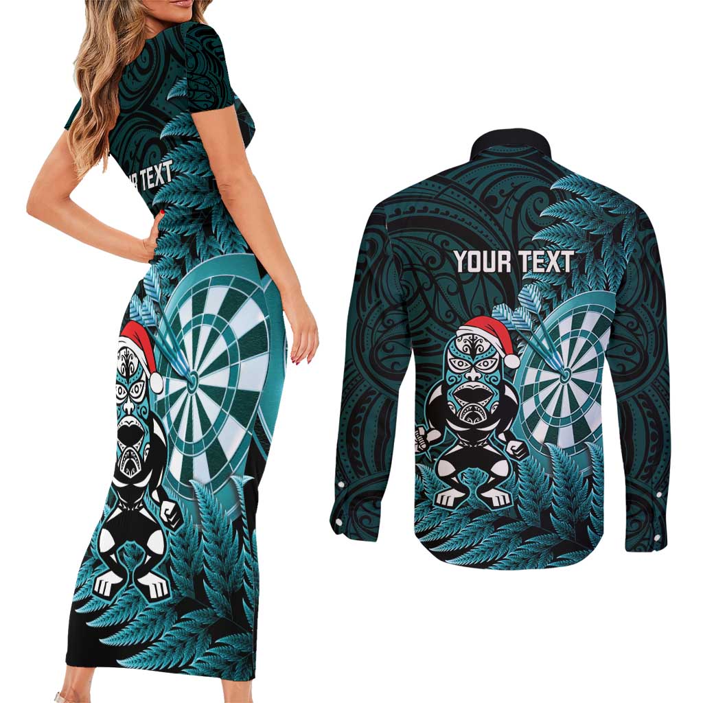 Personalised New Zealand Darts Christmas Couples Matching Short Sleeve Bodycon Dress and Long Sleeve Button Shirt Maori Fern Merry Dartsmas - Vibe Hoodie