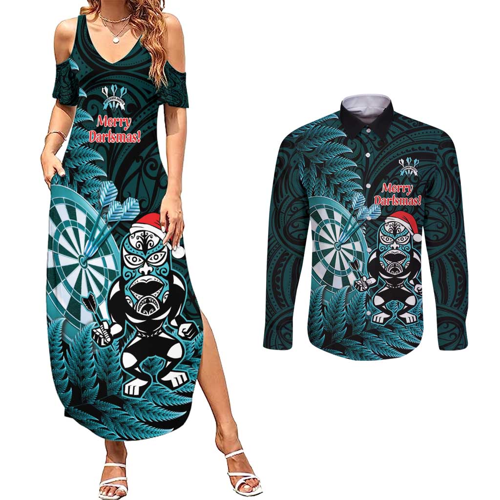 Personalised New Zealand Darts Christmas Couples Matching Summer Maxi Dress and Long Sleeve Button Shirt Maori Fern Merry Dartsmas - Vibe Hoodie