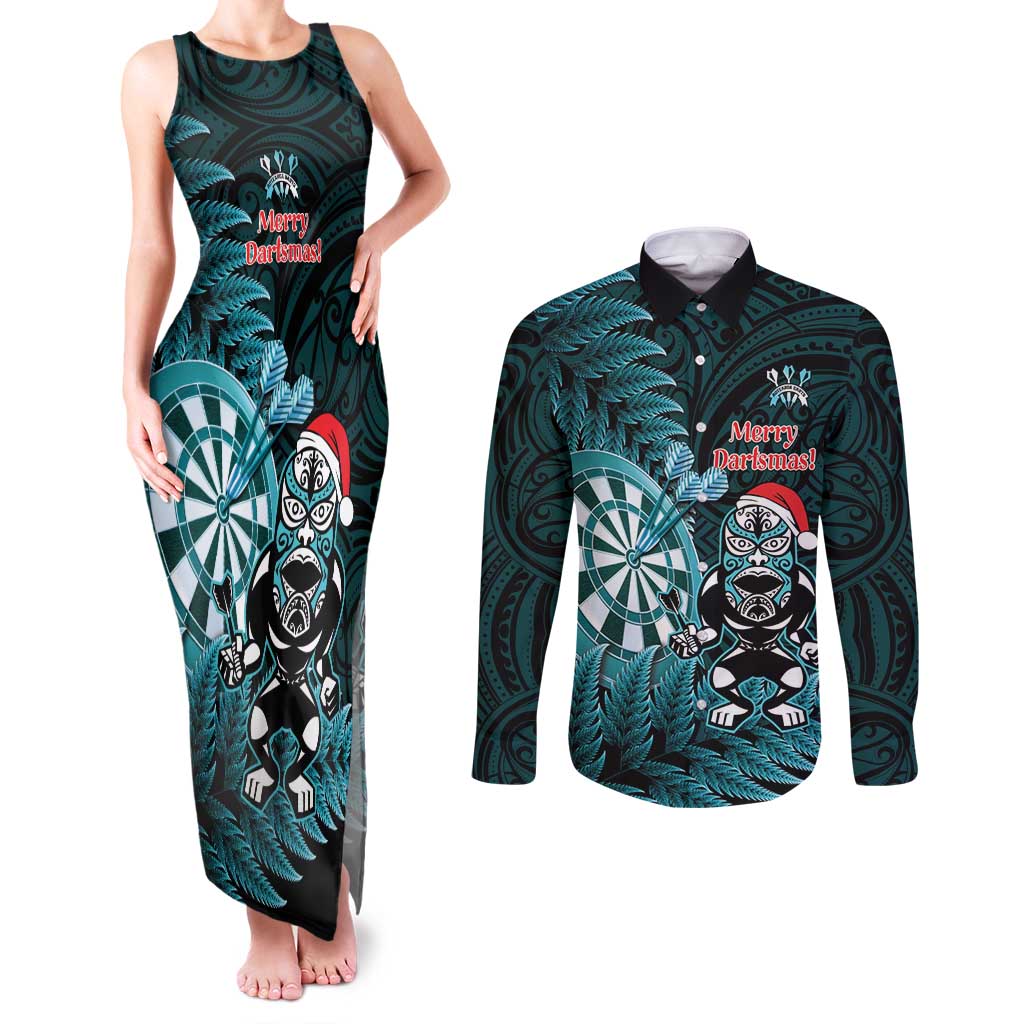 Personalised New Zealand Darts Christmas Couples Matching Tank Maxi Dress and Long Sleeve Button Shirt Maori Fern Merry Dartsmas - Vibe Hoodie