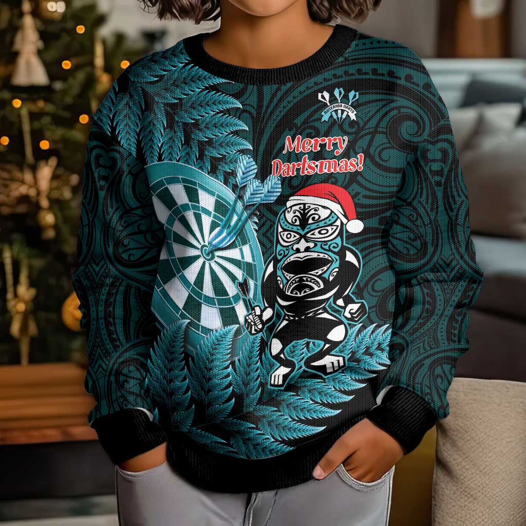 Personalised New Zealand Darts Christmas Kid Ugly Christmas Sweater Maori Fern Merry Dartsmas - Vibe Hoodie