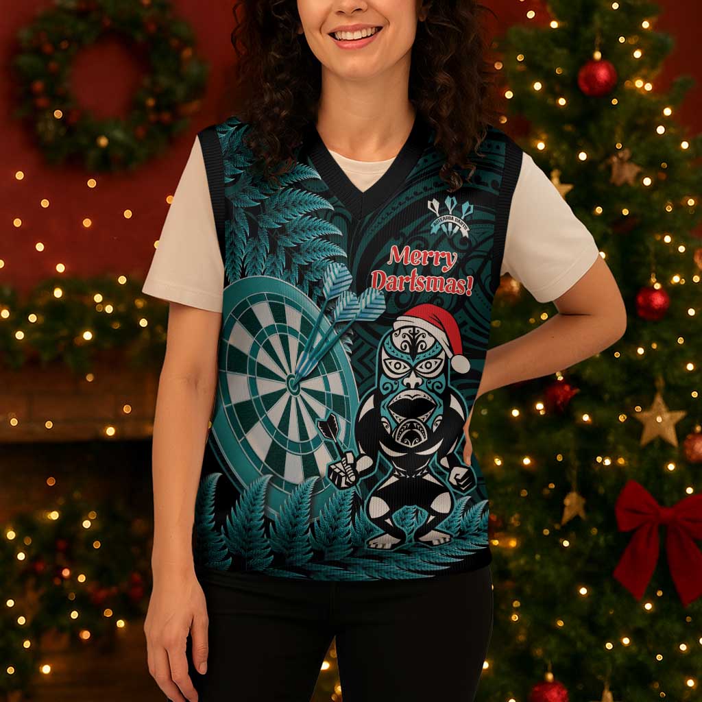 Personalised New Zealand Darts Christmas Knitted V-Neck Vest Maori Fern Merry Dartsmas - Vibe Hoodie
