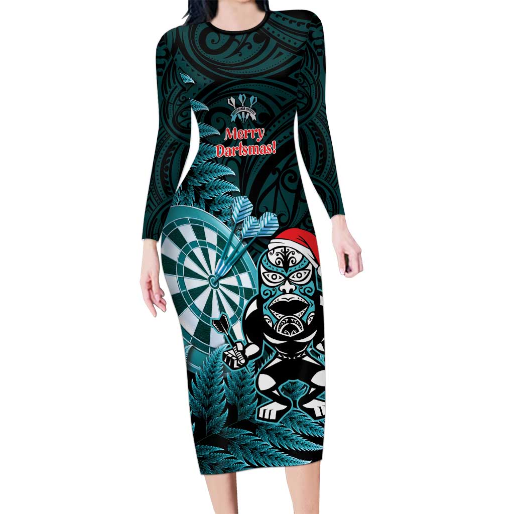 Personalised New Zealand Darts Christmas Long Sleeve Bodycon Dress Maori Fern Merry Dartsmas - Vibe Hoodie