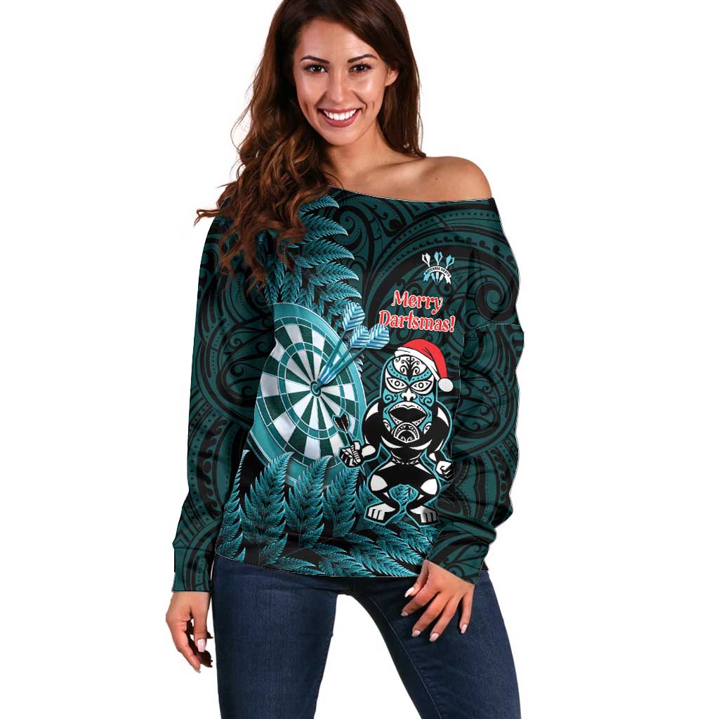 Personalised New Zealand Darts Christmas Off Shoulder Sweater Maori Fern Merry Dartsmas - Vibe Hoodie