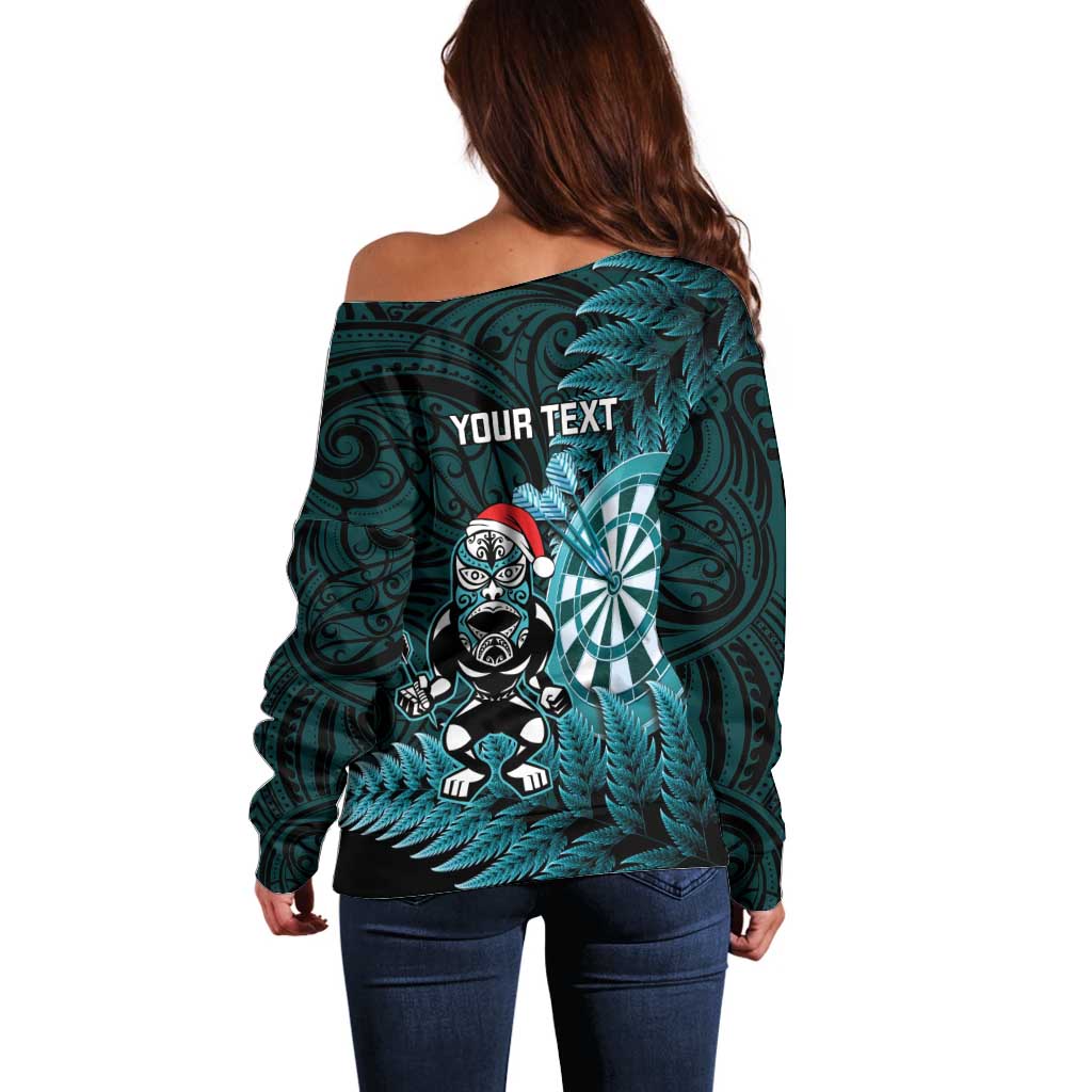 Personalised New Zealand Darts Christmas Off Shoulder Sweater Maori Fern Merry Dartsmas - Vibe Hoodie